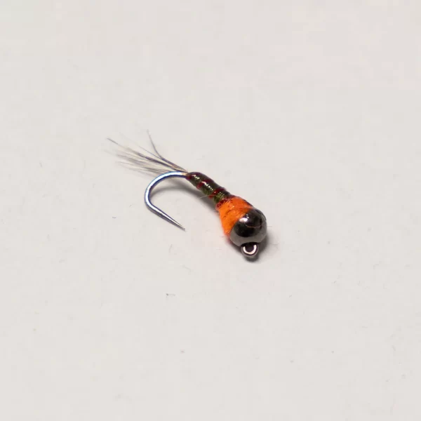 Black tungsten dark olive and orange perdigon barbless jig (price for 12 flies)