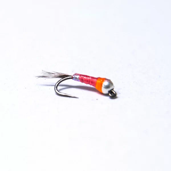 Silver tungsten red and orange euro jig nymph barbless (price for 12 flies)