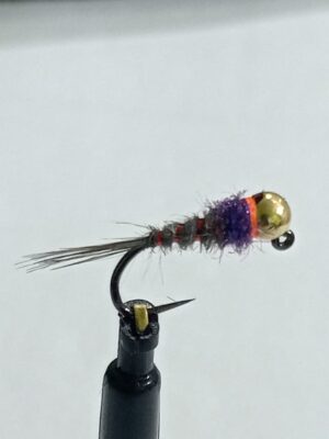 Gold tungsten black and purple Perdigon nymph (price for 12 flies)