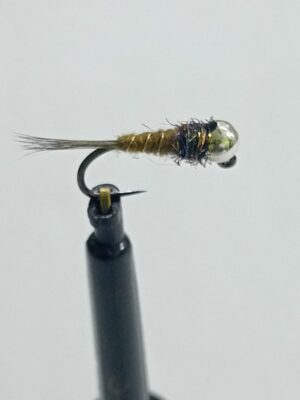Silver tungsten Olive Perdigon nymph (price for 12 flies)