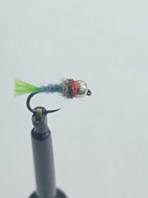 Silver tungsten chartreuse and blue Perdigon nymph (price for 12 flies)
