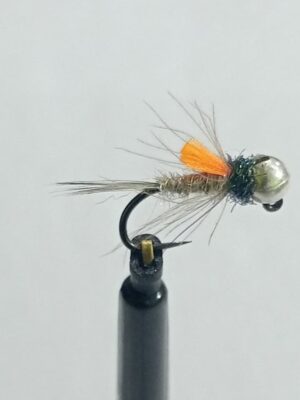 Silver tungsten hare's ear with orange indicator Perdigon nymph (price for 12 flies)