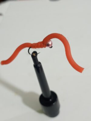 Extended Squirmy worm red with Metallic Pink tungsten bead nymph (price per dozen)